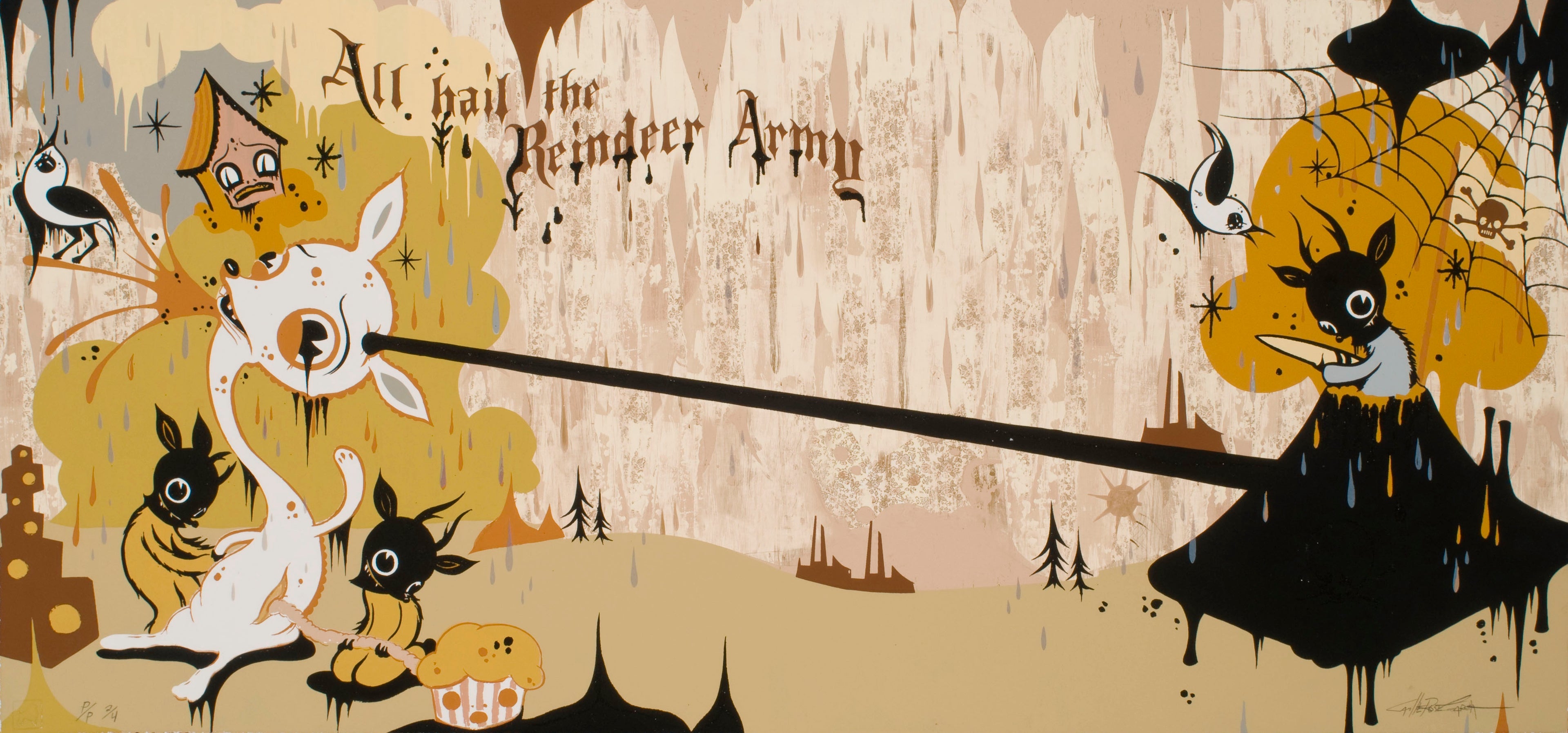 Pop Surreal Cartoon-style imagery with animals and text on a textured background